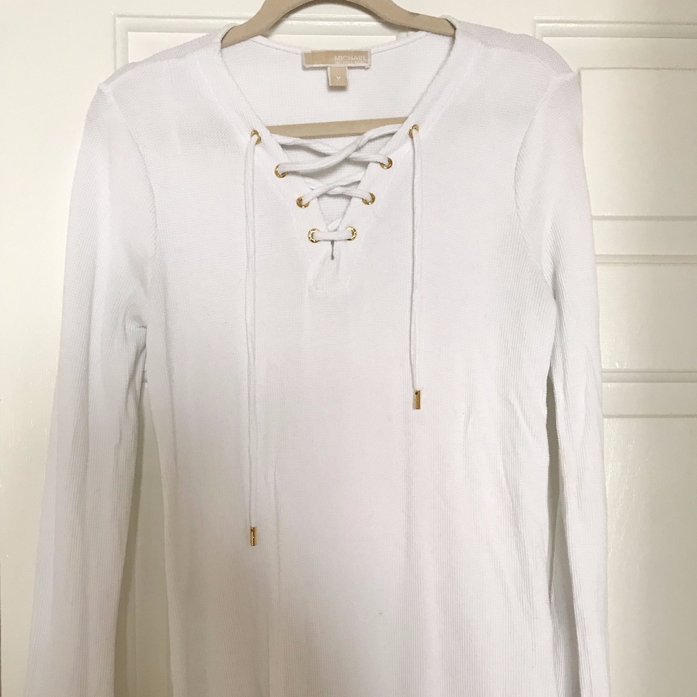 Michael Kors White Lace Up Long Sleeve Top